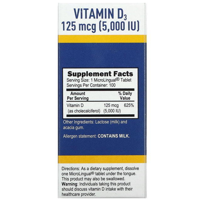 Superior Source Vitamin D3 5000 IU under the Tongue Quick Dissolve Microlingual Tablets - 100 Count. Promotes Strong Bones, and Teeth. Immune Support Non-Gmo. Dietary Supplement