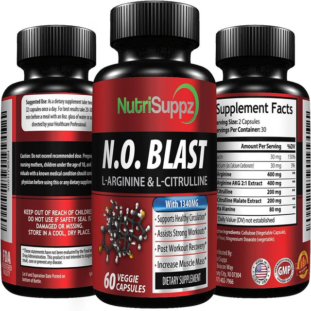 N.O Blast Nitric Oxide Supplement | L Arginine, L Arginine AKG, L Citrulline, Beta Alanine, L Citrulline Malate | Blood Circulation & Heart Health - Muscle Building Pre & Post Workout | Made in USA