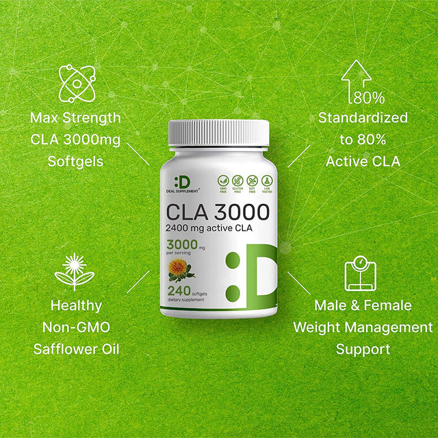 Ultra Strength CLA 3000Mg | 240 Softgels, Active Conjugated Linoleic Acid from Non-Gmo Safflower Oil, Non-Stimulating, Supports Weight Management | Lean Muscle Mass