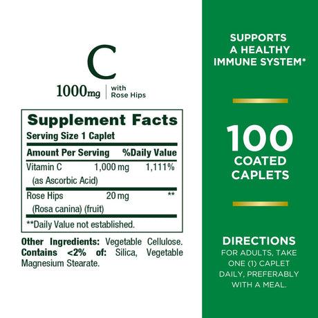 Nature’S Bounty Vitamin C + Rose Hips, 1000Mg, 100 Coated Caplets