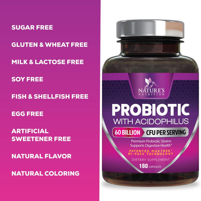 Probiotics, 60 Billion CFU per Serving, Probiotic with Prebiotics for Digestive & Immune Health Support for Women & Men - Nature'S Supplement Is Shelf Stable, Soy, Dairy & Gluten Free - 120 Capsules