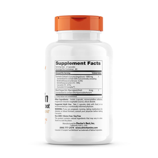 Doctor'S Best Curcumin from Turmeric Root, Non-Gmo, Gluten Free, Soy Free, Joint Support, 500Mg Caps with C3 Complex & Bioperine, 120 Veggie Caps