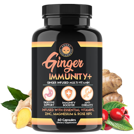 Angry Supplements Ginger Infused Multivitamin, Digestive Support, Immune System Booster Capsules Infused with Zinc, Magnesium, Rose Hips + Vitamins C, B6, D3 (1-Bottle)