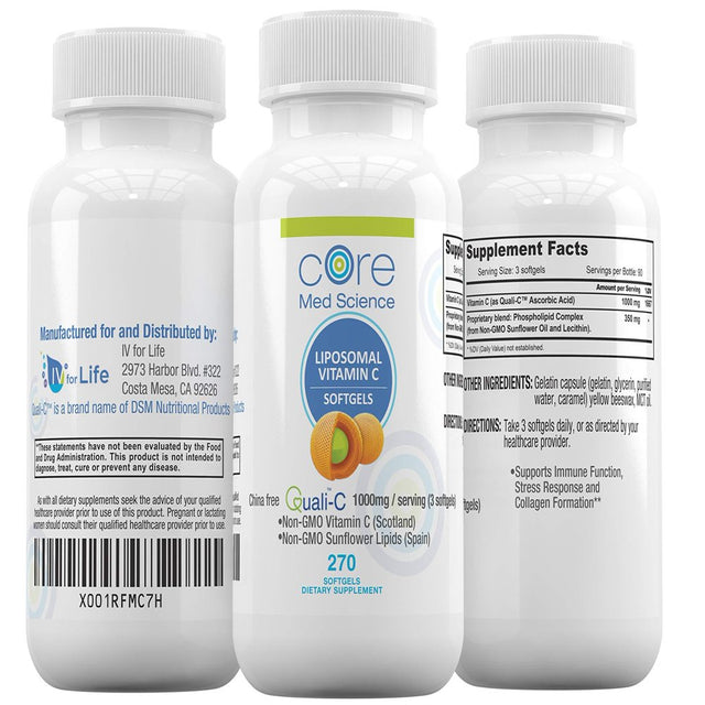 Core Med Liposomal Vitamin C Softgels 1000Mg/Dose - 3 Month Supply - 270 Softgels - Quali®-C Vitamin C (Scotland) - USA Made - Immunity Support, Collagen Booster Supplement - Non-Gmo Non-Soy