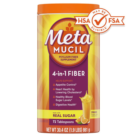 Metamucil Fiber Supplement, Psyllium Husk Fiber Powder for Digestive Health, Real Sugar, 72 Servings