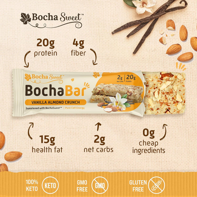 Bochasweet Keto Protein Bar, Vanilla Almond Crunch Bochabar, 20G Grass Fed Collagen, Low Carb, Keto-Friendly, Gluten Free, 12 Count