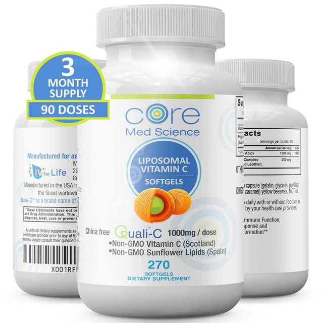 Core Med Liposomal Vitamin C Softgels 1000Mg/Dose - 3 Month Supply - 270 Softgels - Quali®-C Vitamin C (Scotland) - USA Made - Immunity Support, Collagen Booster Supplement - Non-Gmo Non-Soy