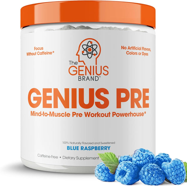 Genius Pre Workout Powder, Blue Raspberry - All-Natural Nootropic Pre-Workout & Caffeine-Free Nitric Oxide Booster Supplement with Beta Alanine & Alpha GPC - No Artificial Flavors, Sweeteners, or Dyes