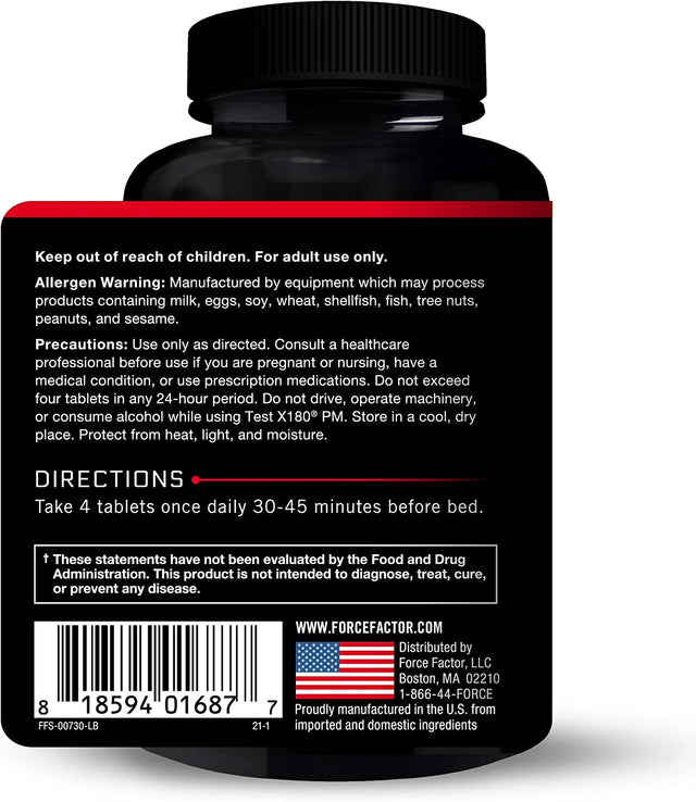 Force Factor Test X180 PM Testosterone Booster for Men, Overnight Testosterone Supplement to Build Muscle, Increase Strength, and Promote Deeper, Healthier Sleep and Recovery, 120 Tablets