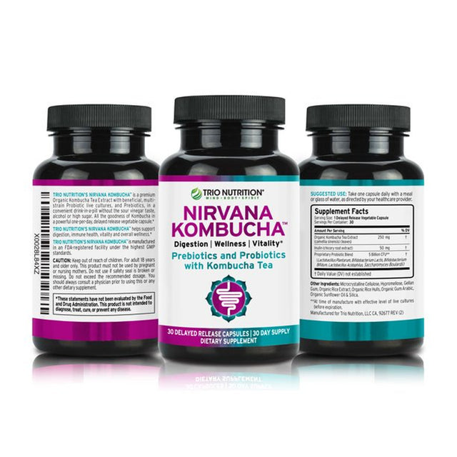 Trio Nutrition Nirvana Kombucha | Probiotic, Prebiotic & Organic Kombucha Tea | Billions of Multi-Strain Probiotics | Eases Bloating, Digestive & Immune Support for Men & Women | Supports PH Balance*