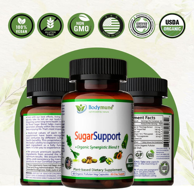 Bodymune Sugarsupport Organic and All-Natural Blood Sugar Support Supplement, 60 Capsules