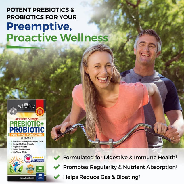 Bioschwartz Prebiotic + Probiotic plus Whole Food Enzymes | for Complete Digestive Support | 30 Ct