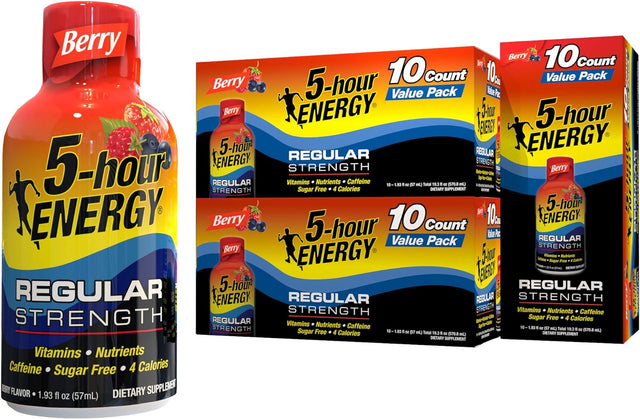 5-Hour ENERGY Shots Regular Strength | Berry Flavor | 1.93 Oz. 30 Count | Sugar Free 4 Calories | Amino Acids and Essential B Vitamins | Dietary Supplement | Feel Alert and Energized