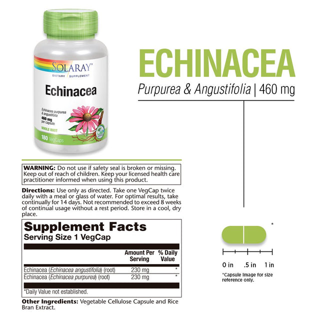 Solaray Echinacea Purpurea & Angustifolia Root 460 Mg | Healthy Immune & Respiratory Function Support | 180 Vegcaps