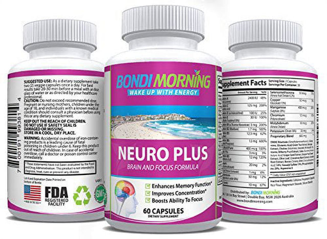 Bondi Morning Neuro plus Brain Function Support. Promotes Focus, Clarity, Energy & Alertness - 60 Capsules