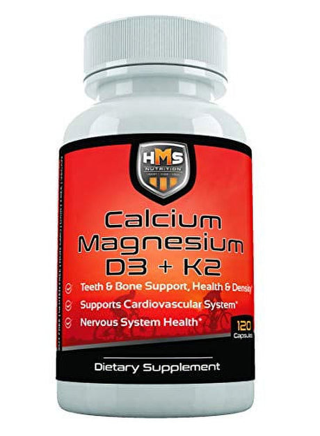 HMS Nutrition Calcium, Magnesium, Vitamins D3 and K2 - 120 Vegan Capsules, 60 Day Supply - Supports Lung & Immune System Health, Strong Bones & Teeth - Non-Gmo