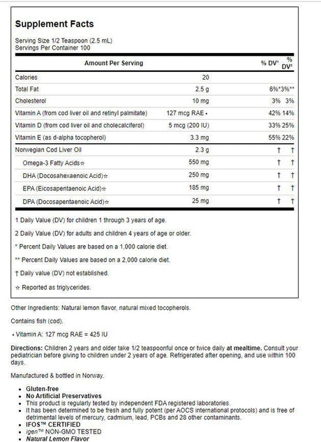 Carlson Kid'S Norwegian Cod Liver Oil + Vitamin a & D3 Liquid, 550 Mg Omega-3, Lemon, 8.4 Fl Oz.