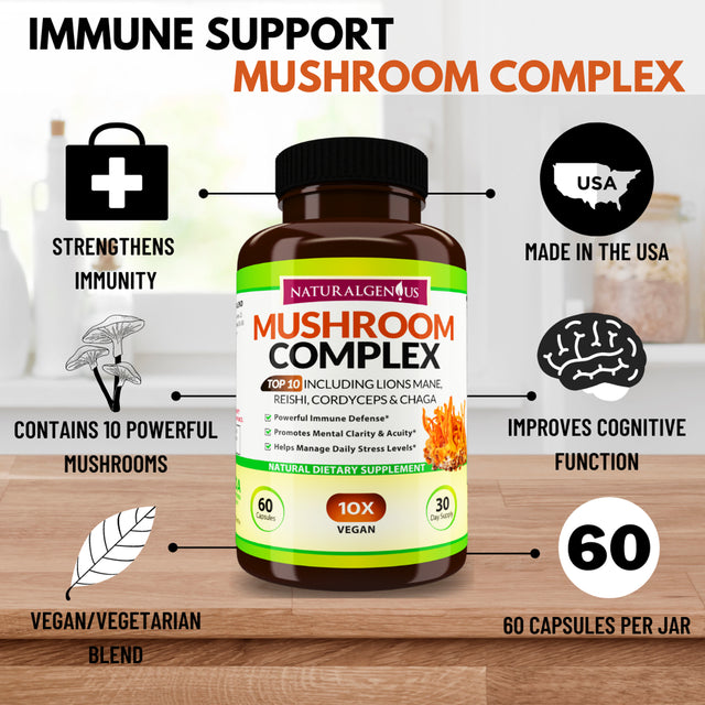 Natural Genius Top 10 Mushroom Complex - White Button, Chaga - Nootropic, Focus, Immune Supplement