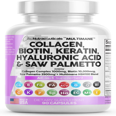 Collagen Pills 1000Mg Biotin 10000Mcg Keratin Saw Palmetto 2500Mg Hyaluronic Acid - Hair Skin and Nails Vitamins and DHT Blocker with Vitamin E Folic Acid Pumpkin Seed MSM - 90 Count