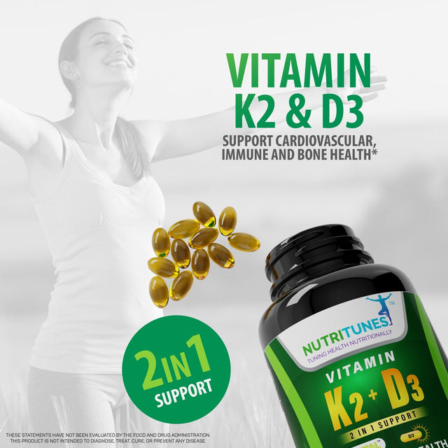 Nutritunes Vitamin K2 + D3 (120 Softgels) | 2 in 1 Formula Supports Cardiovascular, Immune, and Bone Health - Non-Gmo, Gmp-Certified, and Allergen Free