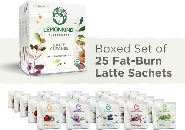 LEMONKIND Organic 5 Day Fat-Burn Cleanse for Weight Loss Jumpstart & Detox – Plant-Based & Gluten-Free, 25 Vegan Lattes (Coffee, Chocolate, Vanilla, Maqui & Matcha)