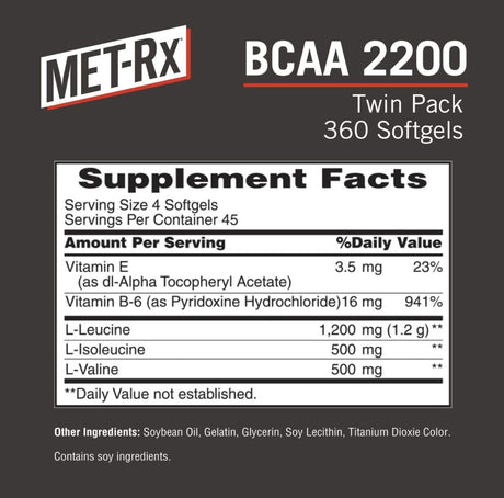 Met-Rx BCAA 2200 Amino Acid Supplement, Supports Muscle Recovery, 180 Softgels, 2 Pack (360 Total Count)