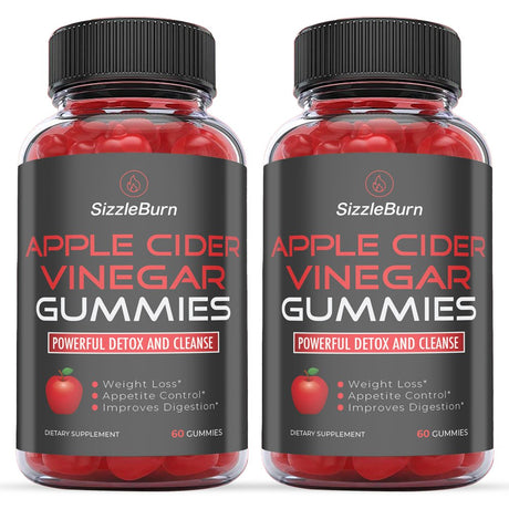 Sizzleburn Apple Cider Vinegar Gummies - Powerful Detox and Cleanse - Appetite Control & Improves Digestion – Reduce Calories, Beet Root & B12 - Gluten & GMO Free (2-Pack)