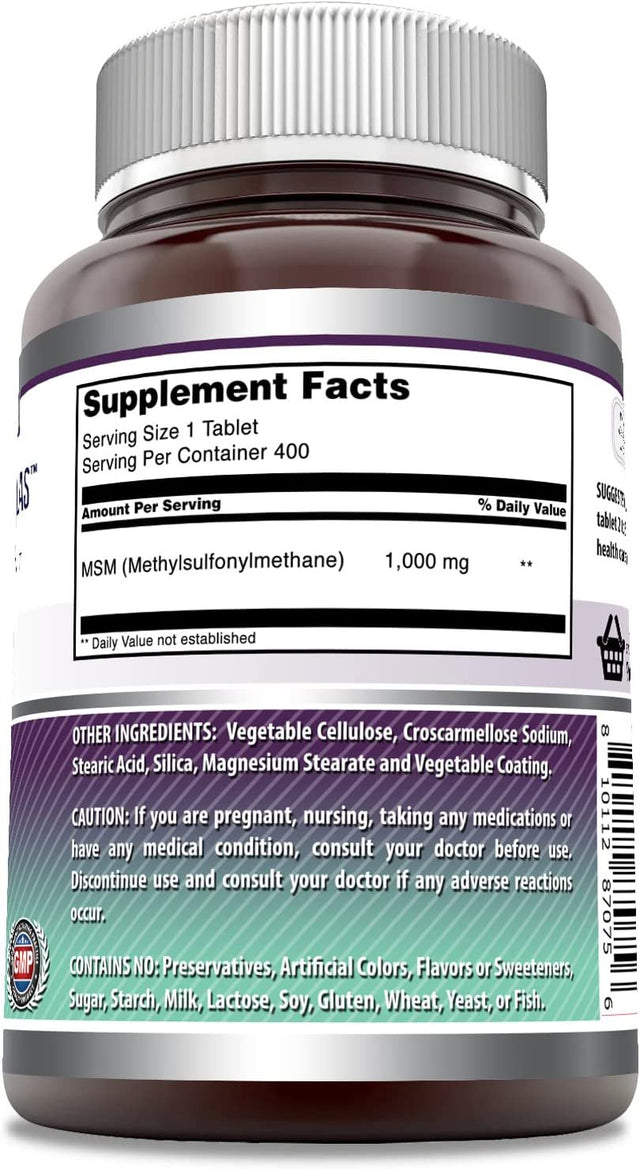 Amazing Formulas MSM (Methylsulfonylmethane) Dietary Supplement 1000Mg, 400 Tablets (Non-Gmo, Gluten Free) per Bottle - Promotes Joint Health, Detoxification, Supports Healthy Hair, Skin and Nails