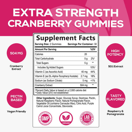 Nature'S Nutrition Cranberry Urinary Tract Health Gummies + Vitamin C - 25,000Mg - Triple Strength Cranberry Concentrate Extract Supplement Pills, Ultimate Potency, Non-Gmo, Gluten Free - 60 Gummies