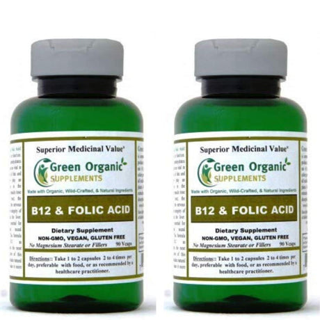 (Pack-2) Green Organic Supplements Vitamin B12 & Folic Acid, 1000Mcg, 90 Vcaps, Hand Made, Vegan, Non-Gmo, & Gluten Free, and the Integrity of Skin, Hair & Liver