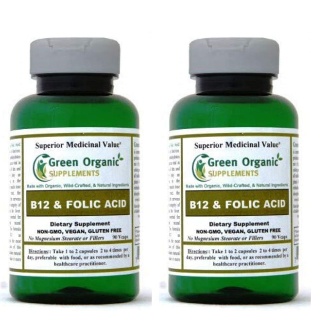 (Pack-2) Green Organic Supplements Vitamin B12 & Folic Acid, 1000Mcg, 90 Vcaps, Hand Made, Vegan, Non-Gmo, & Gluten Free, and the Integrity of Skin, Hair & Liver