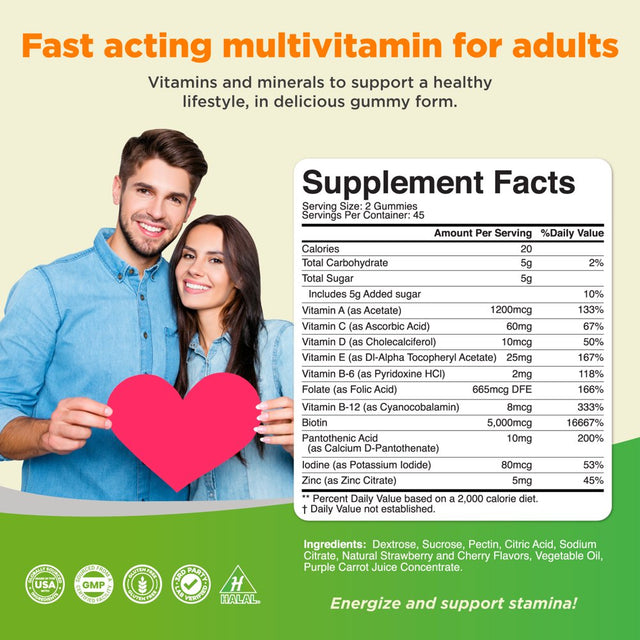 Multivitamin Gummies for Women & Men with the Perfect Blend of Vitamin a C D E B 12 & Zinc Biotin - Gummy Vitamins for Adults to Improve Immunity & Hair Growth - 90 Gluten & Gelatin-Free Gummies