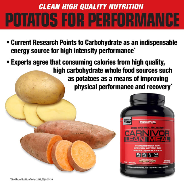 Musclemeds CARNIVOR LEAN MEAL Whole Food Meal Replacement Shake, MRE, Beef Protein Isolate, White Potato, Sweet Potato, 40G Protein, 40 G Carbs, Lactose Free, Sugar Free, Chocolate Fudge 20 Servings