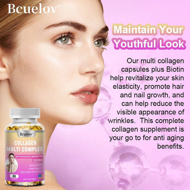 Bcuelov COLLAGEN MULTI COMPLEX - 3000 Mg, Supports Joint, Energy, Skin, Hair & Nail Health, Complex Collagen Capsules