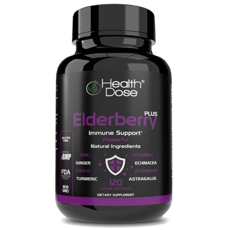 Elderberry plus 11 in 1 Defense Immune Support Booster by Health Dose, with Vitamin C, Zinc, Echinacea, Vitamin D, Turmeric Curcumin, Ginger, Odorless Garlic, Powerful Supplement, 120 Capsules 2 Month