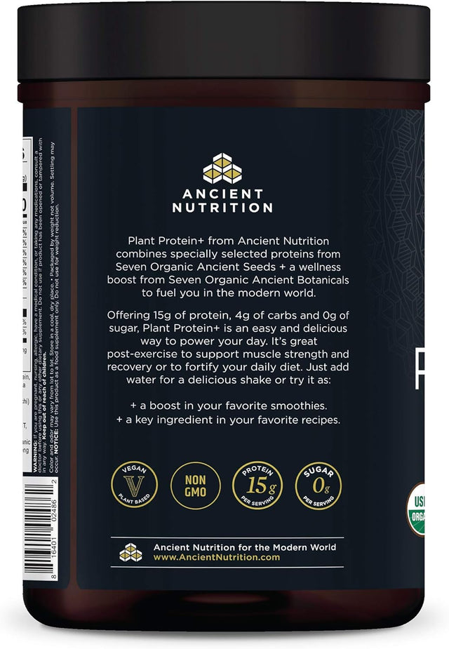 Ancient Nutrition Organic Plant Protein +, Vegan Plant Based Protein Powder, Vanilla, Formulated by Dr. Josh Axe, Dairy-Free, Gluten-Free, Non-Gmo, No Sugar Added, Paleo Friendly Supplement 11.5 Oz