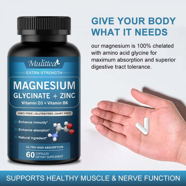 Mulittea Magnesium Glycinate 500Mg - Magnesium Glycinate Capsules with Zinc Vitamin D3 B6 - Chelated for Maximum Absorption - Improved Sleep Supporting Muscle Cramps, Brain Function, Heart Health