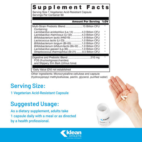 Klean Athlete - Klean Probiotic - Shelf Stable Probiotic to Support Immune System and Overall Health of the Digestive System - NSF Certified for Sport - 60 Vegetarian Acid-Resistant Capsules