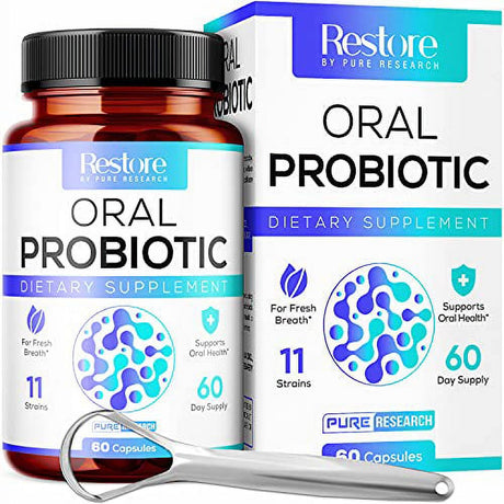 Oral Probiotics for Bad Breath Support, Oral Health Maintenance & Fresh Breath Aid - 11 Probiotic Strains, Digestive Enzymes - Supportive Oral Probiotics - Includes Tongue Scraper - 2 Month Supply