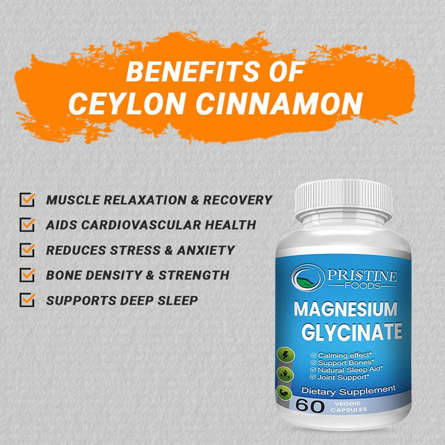 Pristine Foods Magnesium Glycinate 400Mg per Serving - High Absorption Muscle Relaxation, Bone & Joint Support, Chelate Supplement - 60 Ct.