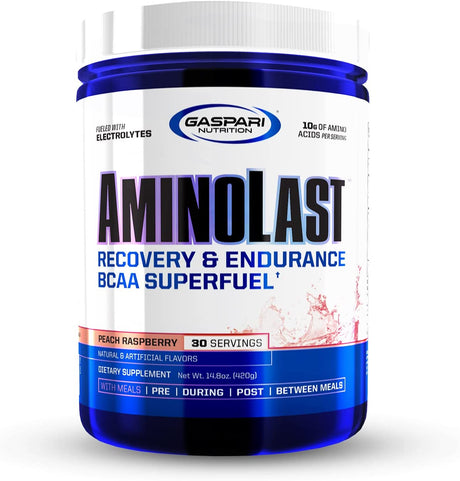 Gaspari Nutrition: Aminolast, Muscle Recovery and Endurance BCAA Fuel, Enhances Recovery & Replenishes Electrolytes, 30 Servings (Peach Raspberry)