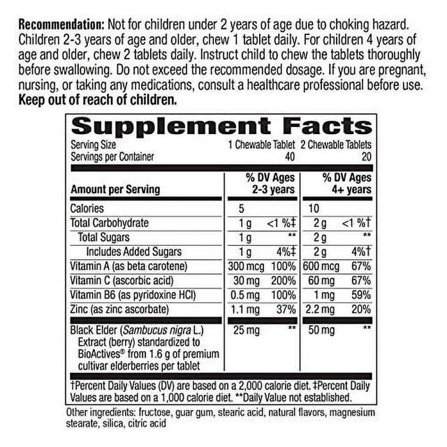 Natureâ€™S Way Sambucus Elderberry Kids Chewable with Vitamin A, Vitamin C, Zinc, Immune Support*, Berry Flavored, 40 Tablets