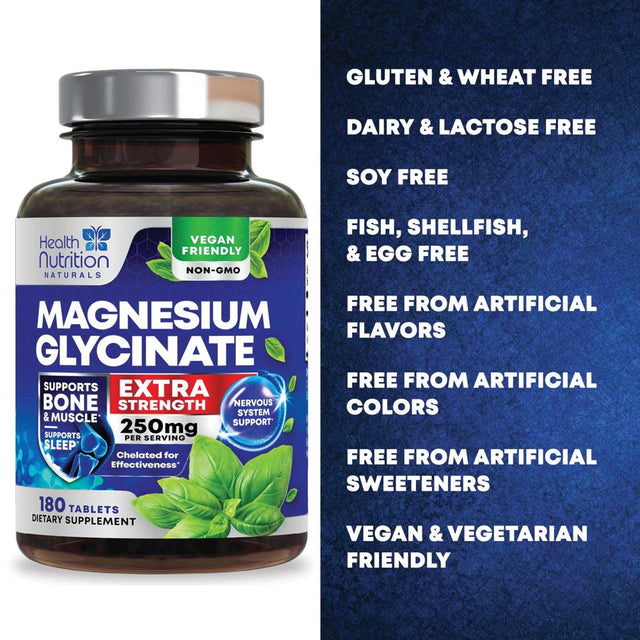 Magnesium Glycinate 250 Mg - Natural, High Absorption Magnesium Tablets Chelated for Muscle, Nerve, Bone & Heart Health Support - Gentle Form, Non-Gmo, Gluten Free, Vegan Supplement - 180 Tablets