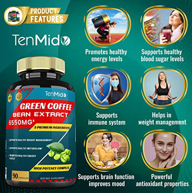 Tenmid Green Coffee Bean Extract 6550Mg 90 Capsules Garcinia, Olive, Green Tea, Kidney, Pepper