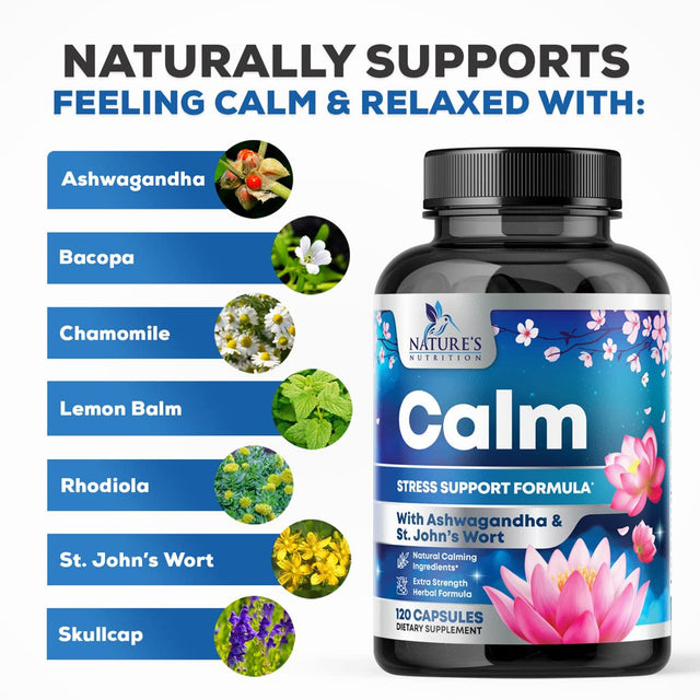 Nature'S Nutrition Calm & Stress Support Supplement - with Magnesium, Ashwagandha, 5-HTP, L-Theanine, GABA - Natural Stress & Immune Support to Relax, Focus, Unwind - Vegan & Non-Gmo - 120 Capsules