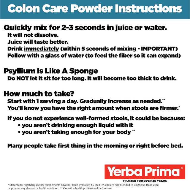 Yerba Prima Prebiotic Colon Care Formula, 20 Oz Powder with FOS - Natural Psyllium Fiber, Magnesium, Selenium - Non-Gmo, Gluten Free, Vegan Daily Supplement - for Men & Women