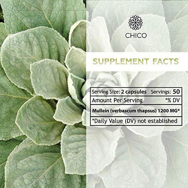 CHICO Mullein Leaf Capsules - Organic Verbascum Thapsus Dietary Supplement - Promotes Respiratory Function, Digestive Wellness & Immunity - Natural, Non-Gmo Herbal Sleep Aid - 1200 Mg, 100 Capsules