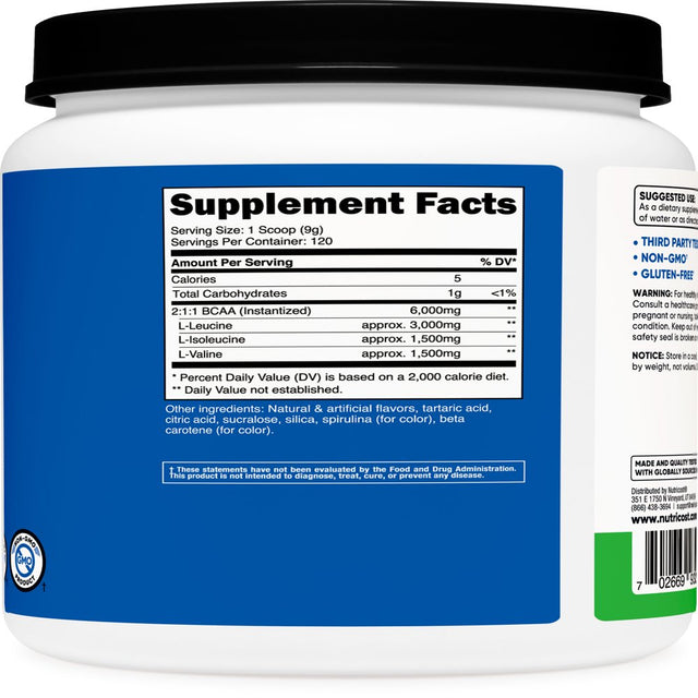 Nutricost BCAA Powder 2:1:1 (Green Apple) 1 Kg - Amino Acid Supplement