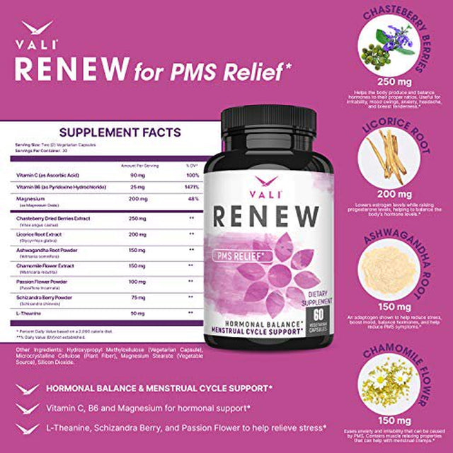 VALI Renew PMS Relief & Menstrual Cycle Support Supplement, 60 Veggie Capsules