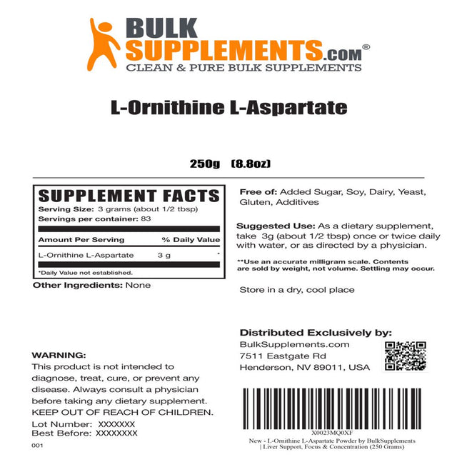 Bulksupplements.Com L-Ornithine L-Aspartate Powder - Amino Acids for the Brain - Lung Support - Amino Acid Supplement (250 Grams)